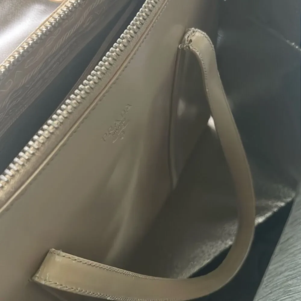Prada Zip Tope Tote Bag Large Beige Glossy Leather Luxury Summer Coastal Italian